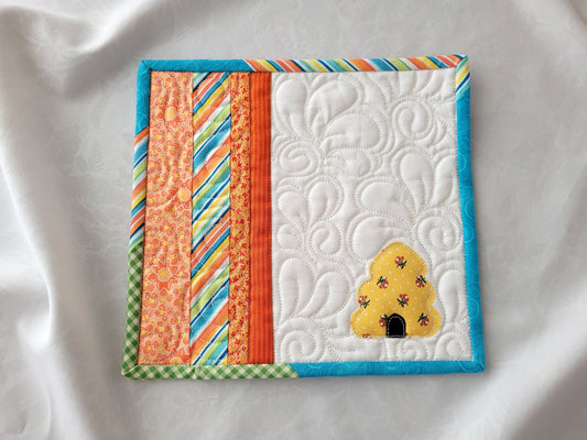 Bee Skep Mini Quilt | Quilted Coaster | Summer Teacher Gift | Bee Mug Rug