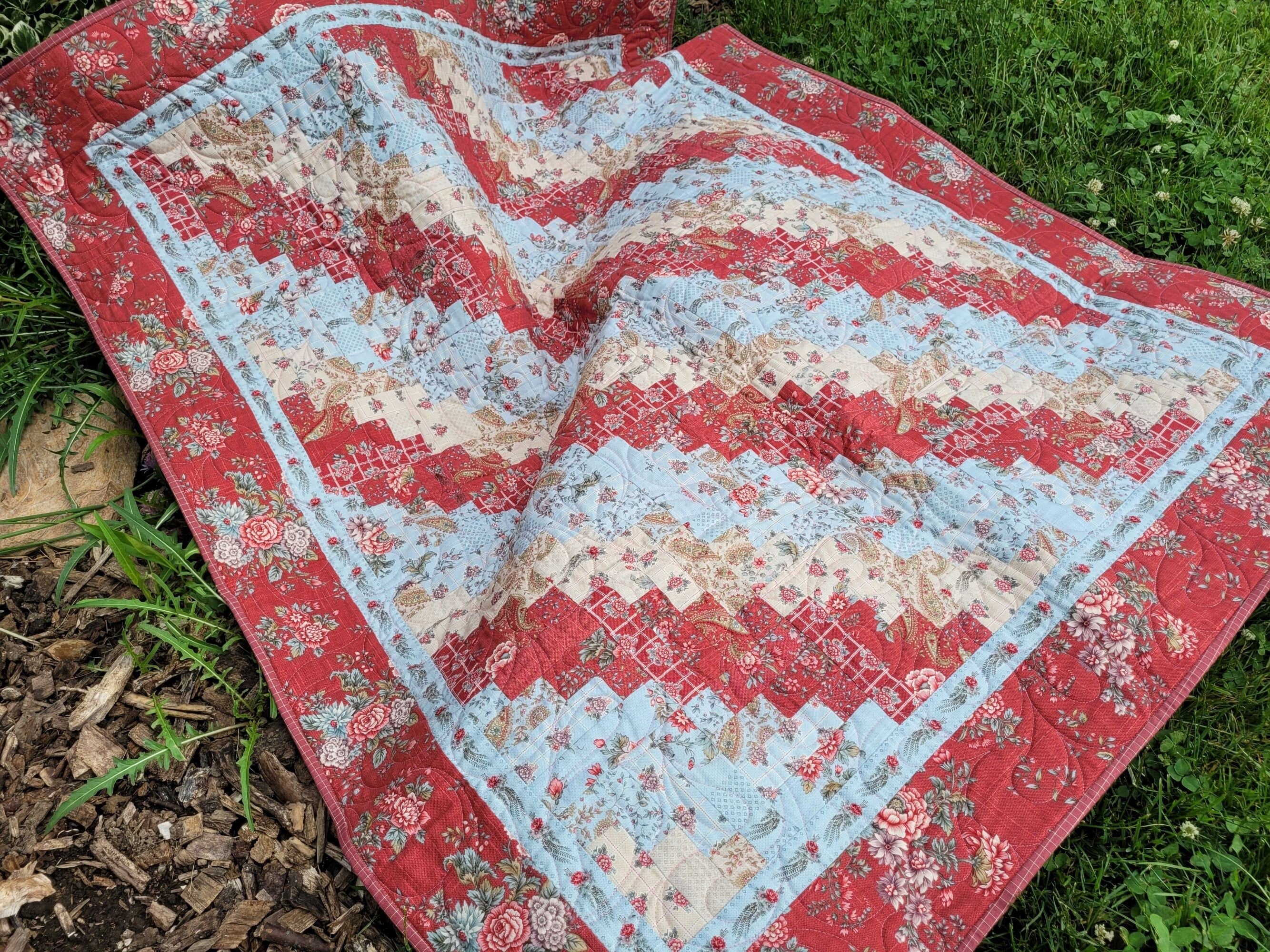 Rose Pink Patchwork Lap Quilt | Floral Throw Quilt | Log Cabin Quilt | Gift for Grandma
