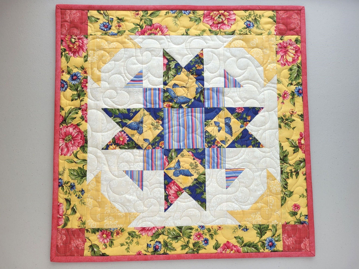 table topper quilt in bright summer florals