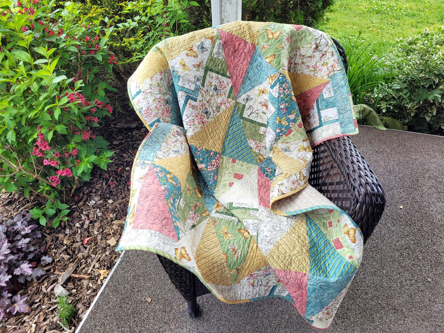 Butterfly Lap Quilt, Spring and Summer Throw Quilt, Garden Lover Gift, Diamond Patchwork Blanket