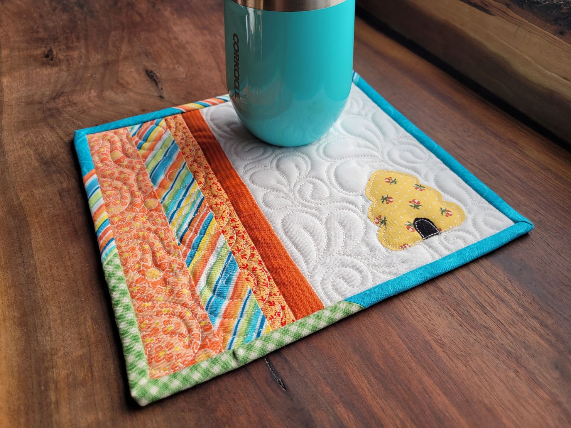 Bee Skep Mini Quilt | Quilted Coaster | Summer Teacher Gift | Bee Mug Rug