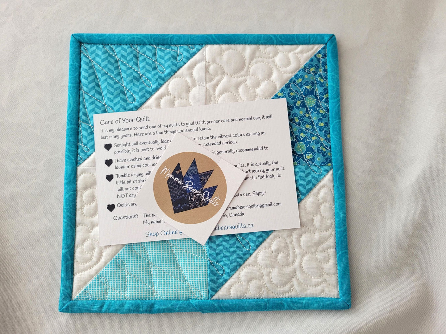 mini quilt in blue and white