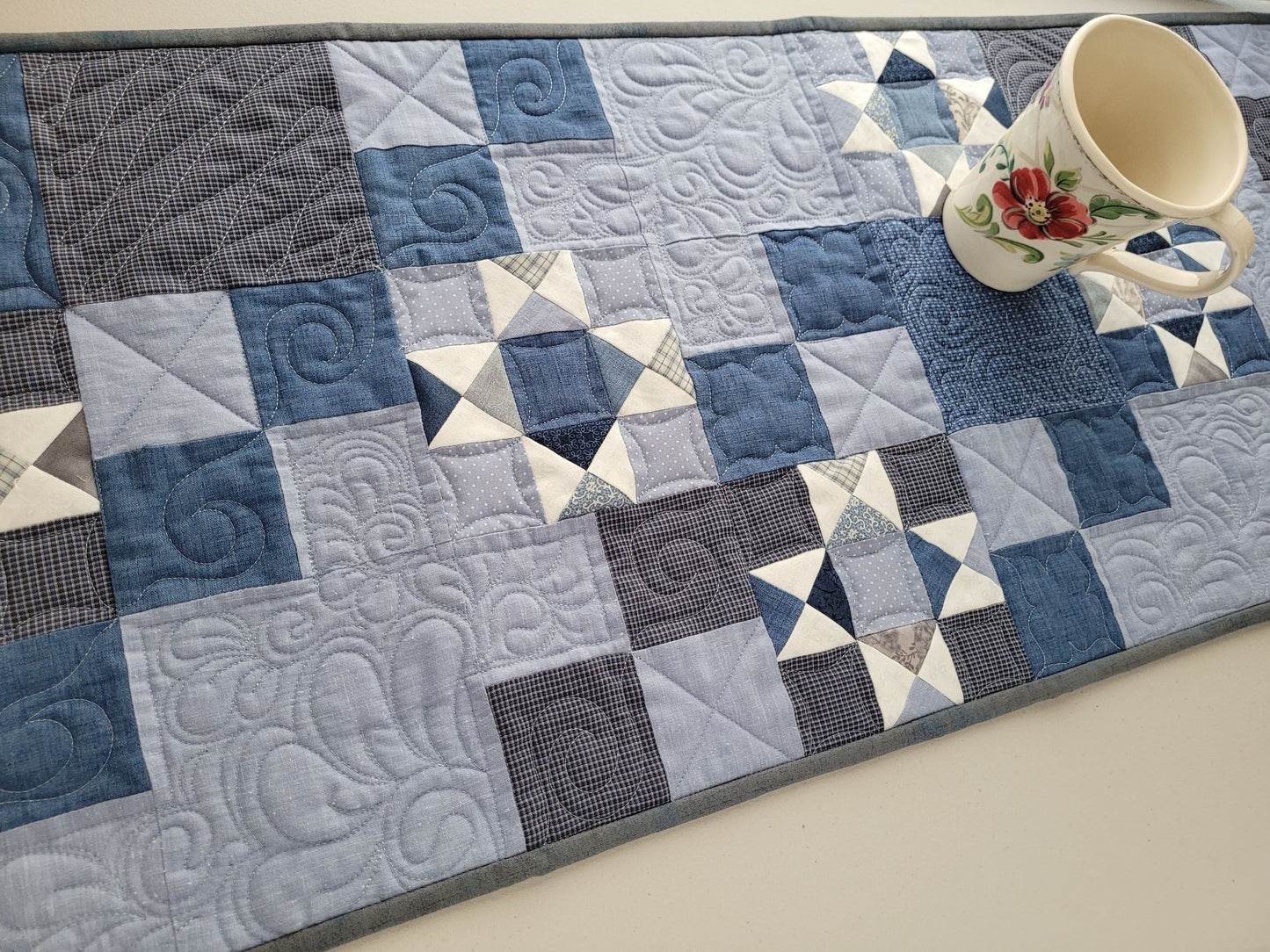 upcycled table runner with custom quilting