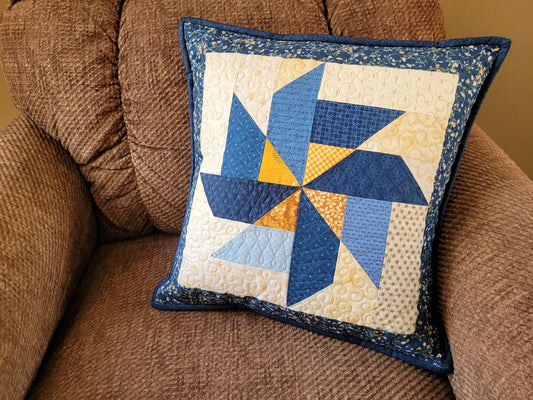 Blue Quilted Pillow | Patchwork Pinwheel Throw Cushion