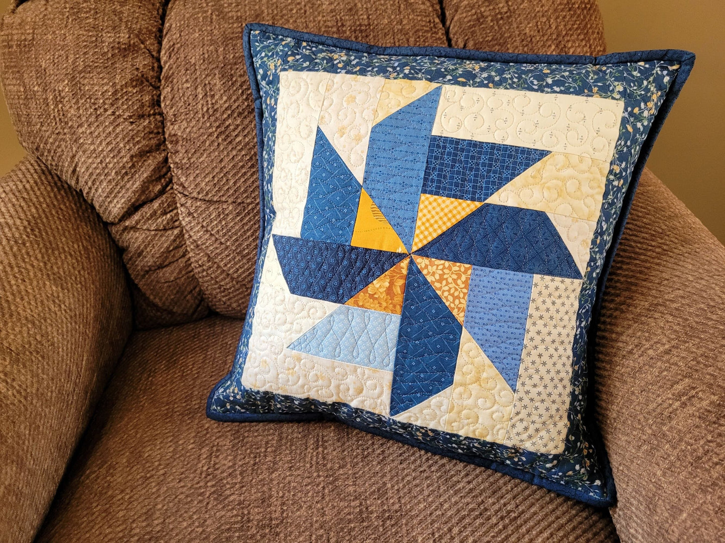 Blue Patchwork Pillow Quilt | Scrappy Pinwheel Sofa Throw Cushion