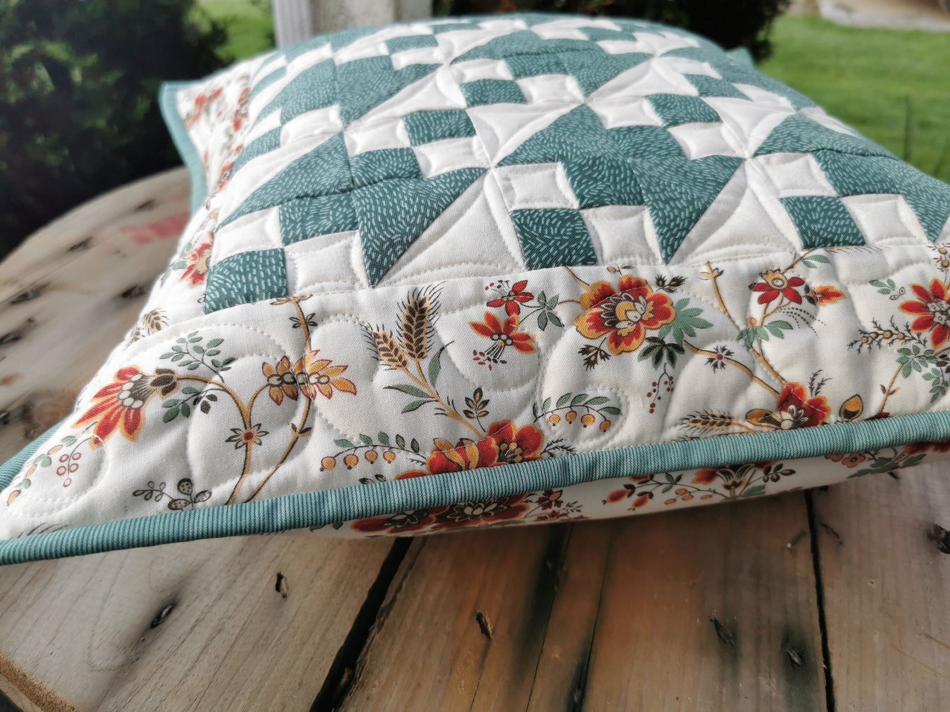 Teal Quilted Pillow | 18 inch square Floral Cushion