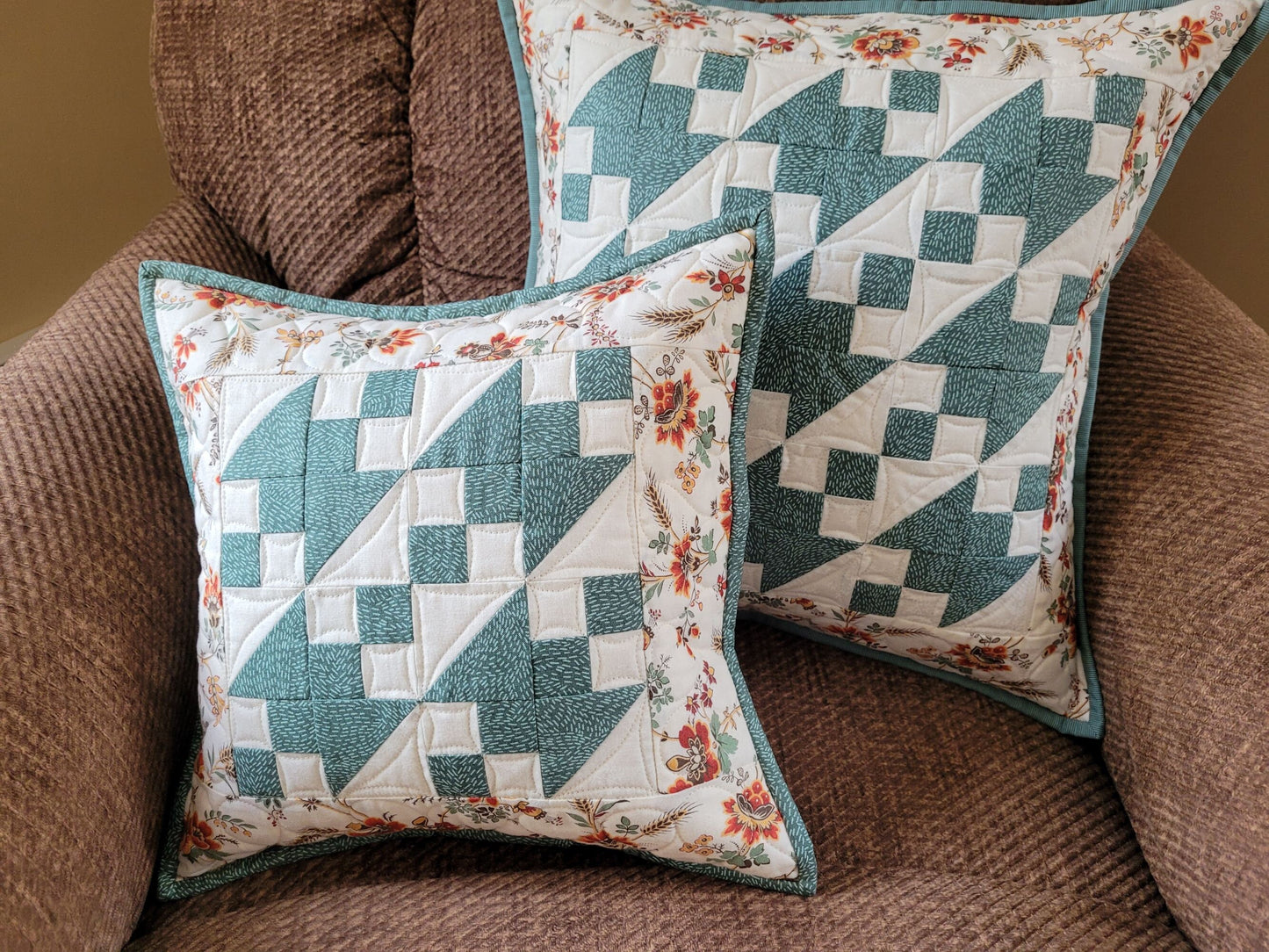 Teal Quilted Pillow | 18 inch square Floral Cushion