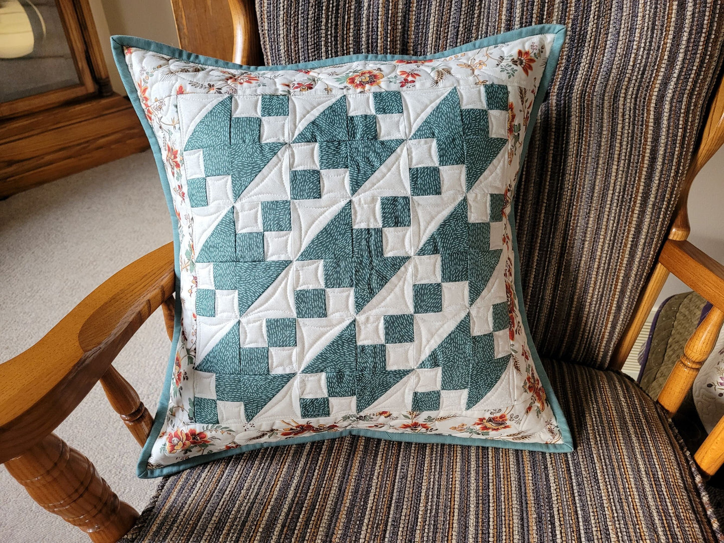 Teal Quilted Pillow | 18 inch square Floral Cushion