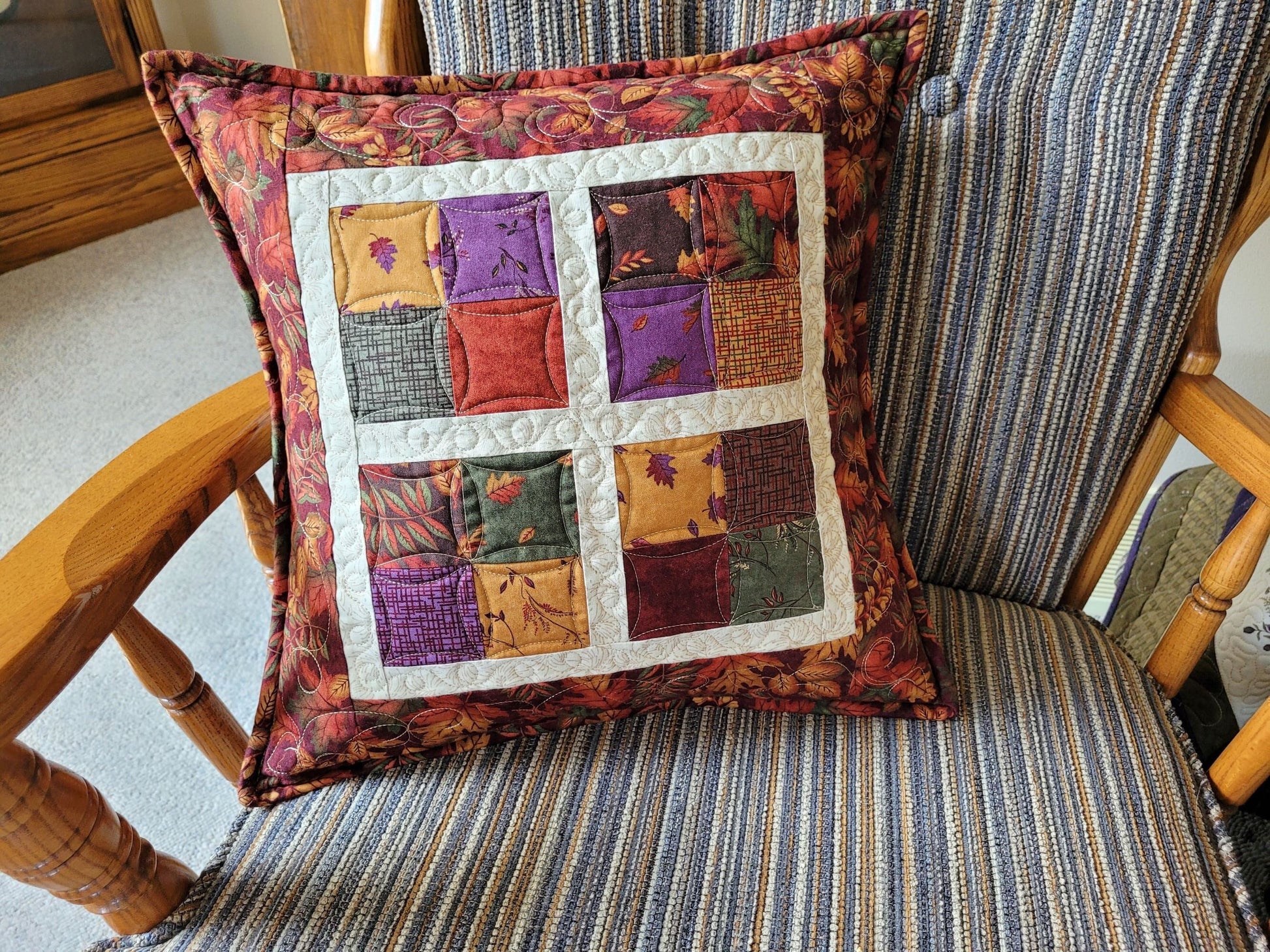 Patchwork Throw Pillow for Fall, 16 inch square Quilted Pillow