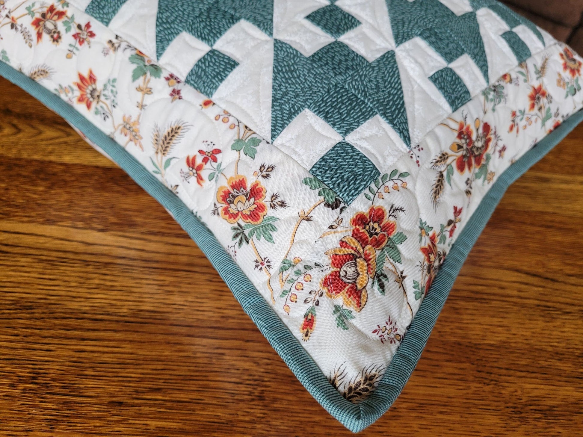 Teal Quilted Pillow | 18 inch square Floral Cushion