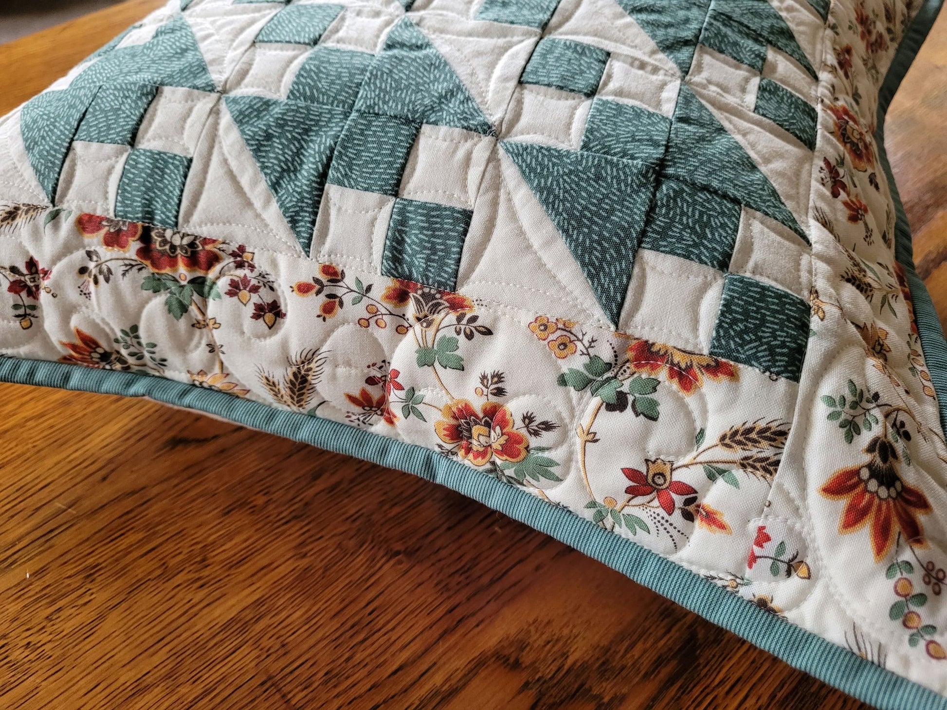 Teal Quilted Pillow | 18 inch square Floral Cushion