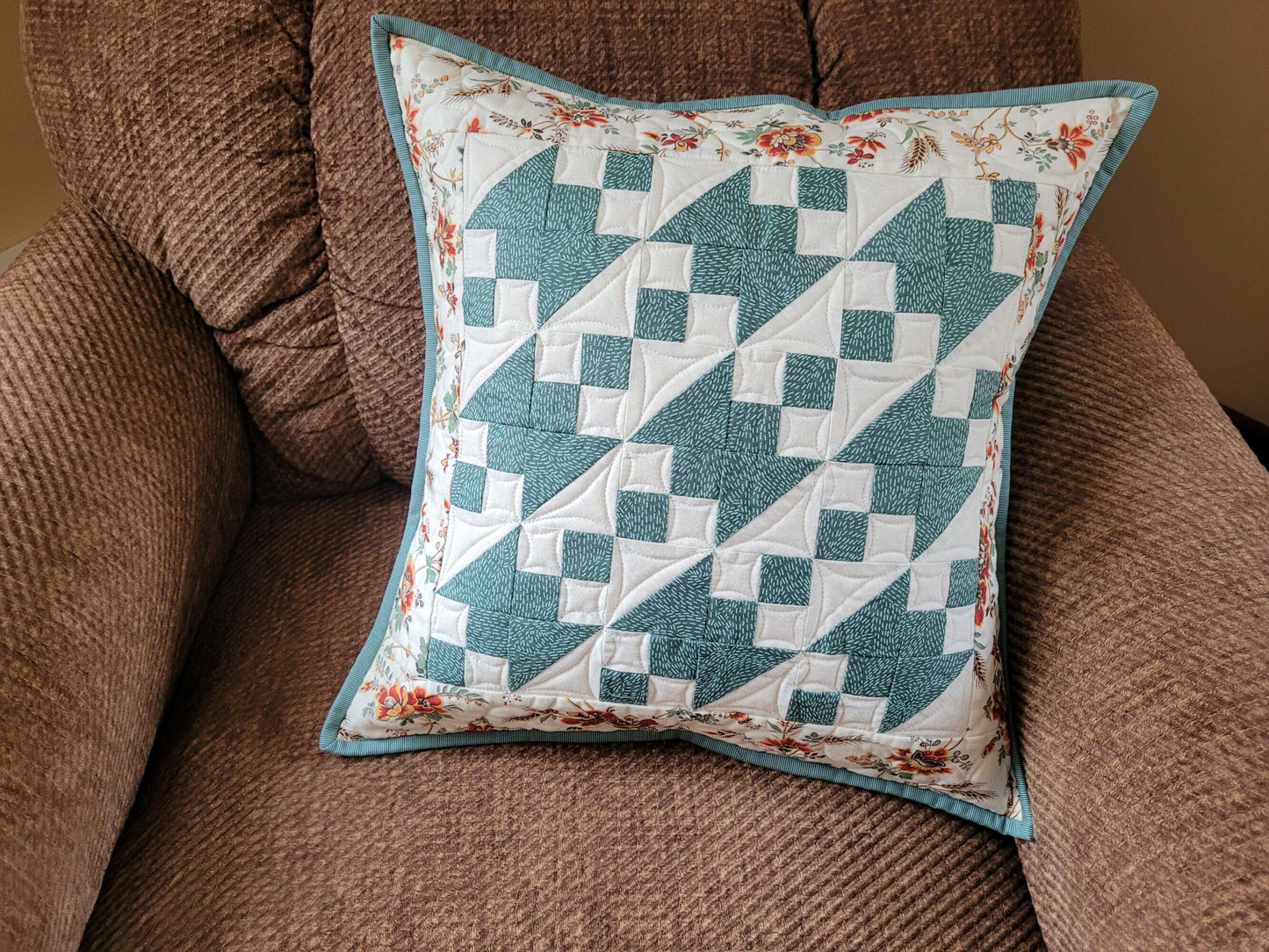 Teal Quilted Pillow | 18 inch square Floral Cushion
