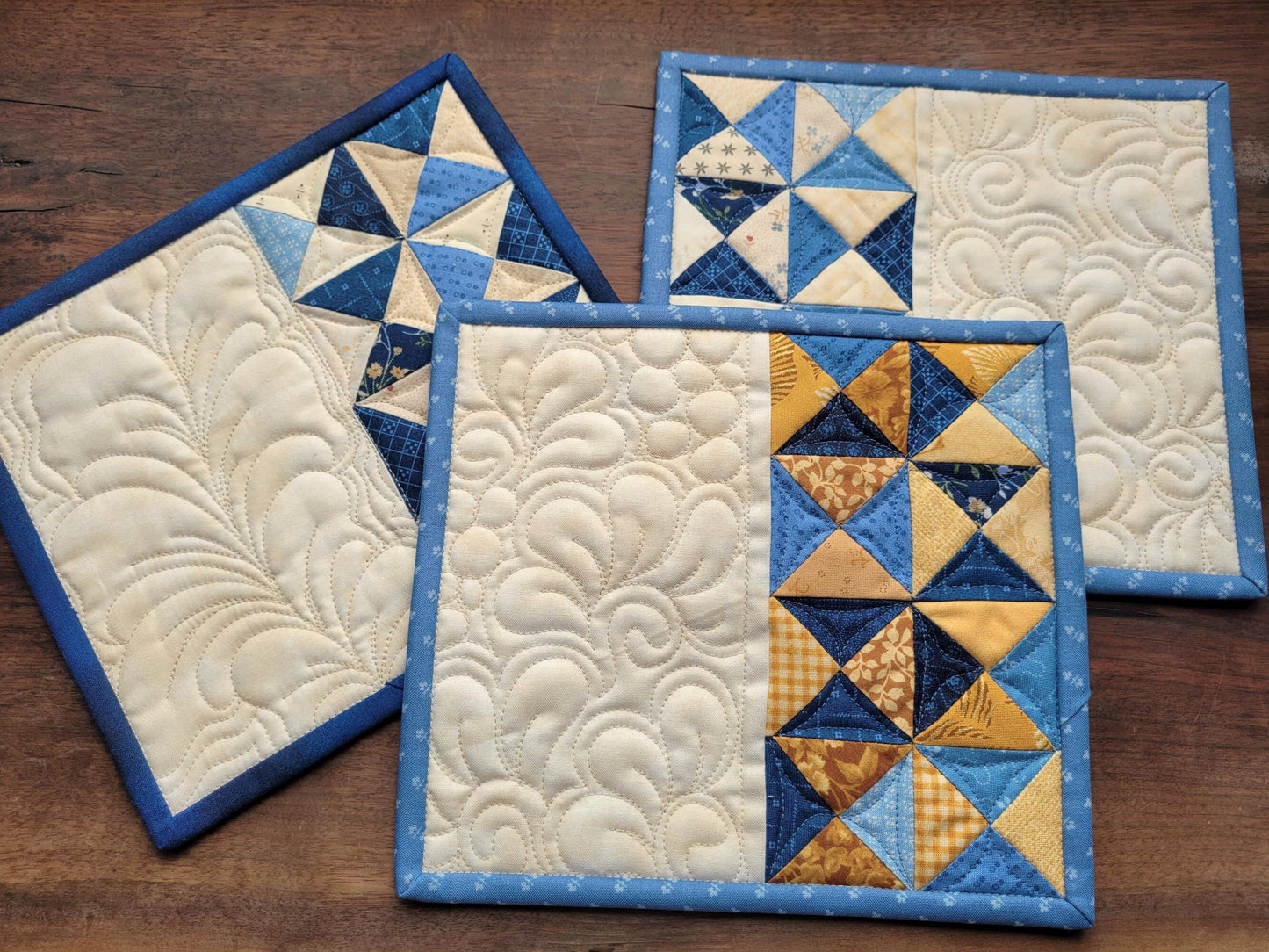 quilted mug rugs, three coordinating patchwork desk coasters can be purchased singly or as a set 