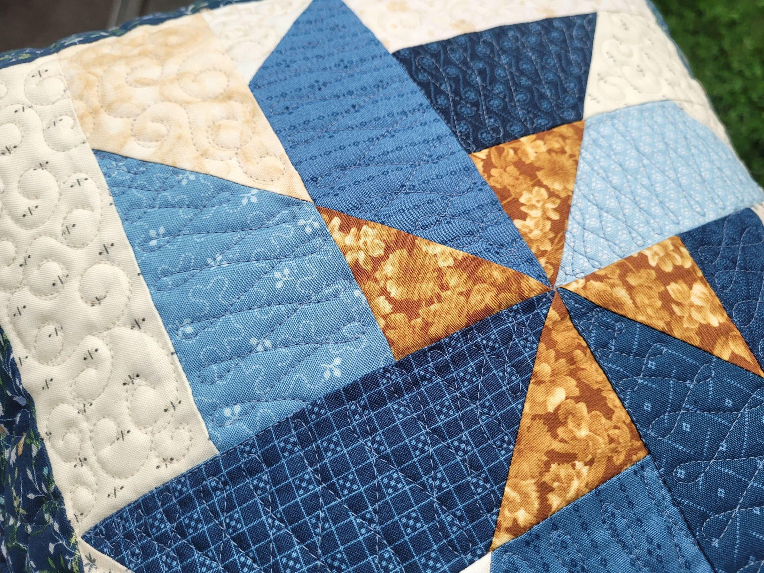 Blue Patchwork Pillow | Scrappy Pinwheel Quilted Sofa Throw Cushion