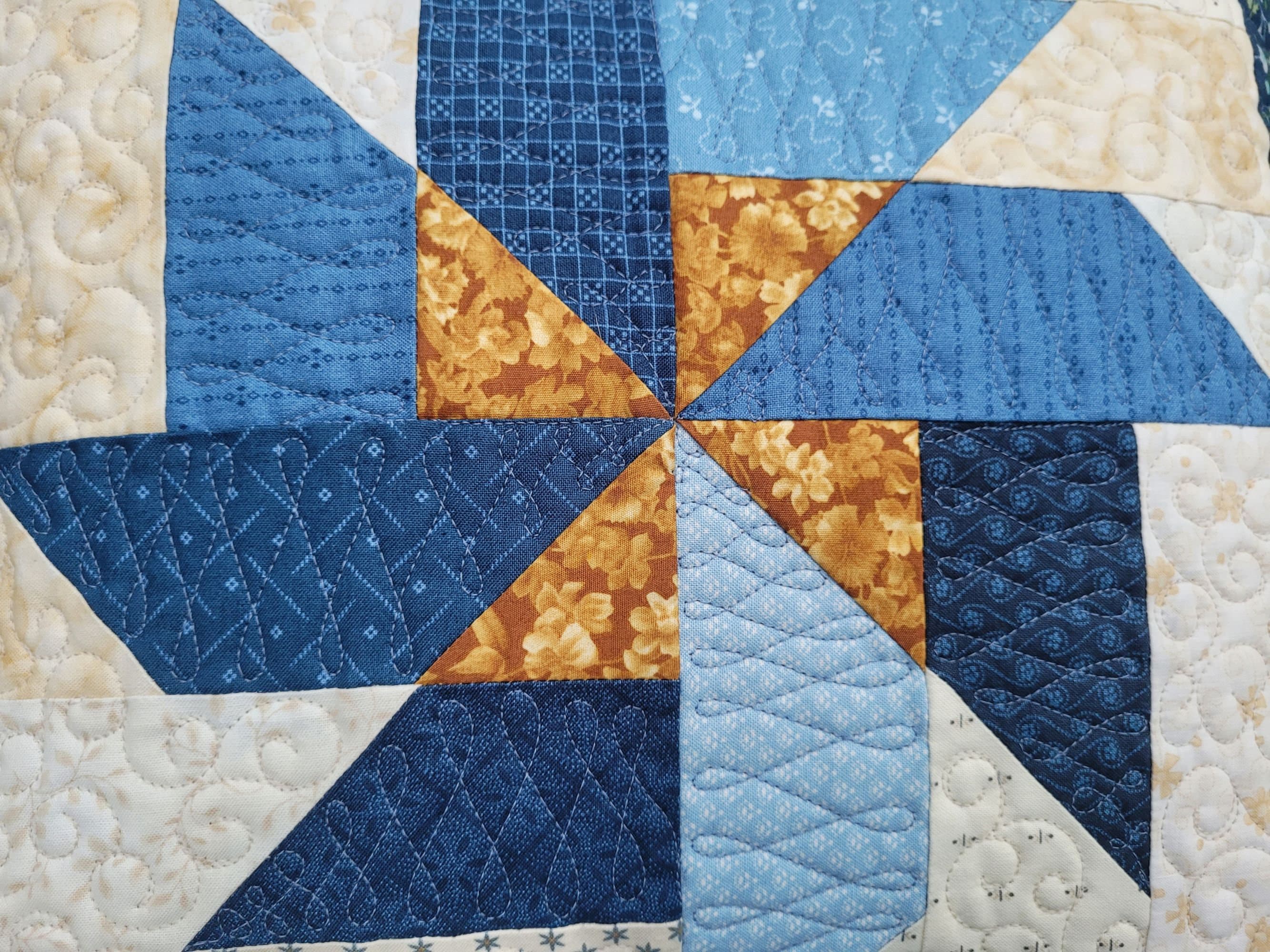 Blue Patchwork Pillow | Scrappy Pinwheel Quilted Sofa Throw Cushion