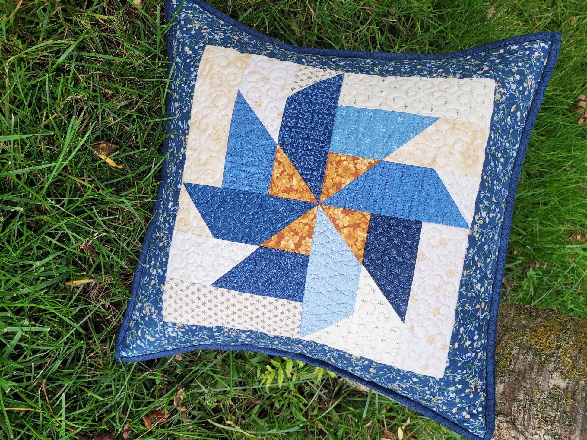 Blue Patchwork Pillow | Scrappy Pinwheel Quilted Sofa Throw Cushion
