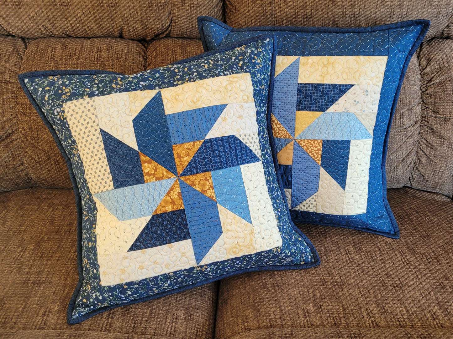 Blue Patchwork Pillow Quilt | Scrappy Pinwheel Sofa Throw Cushion