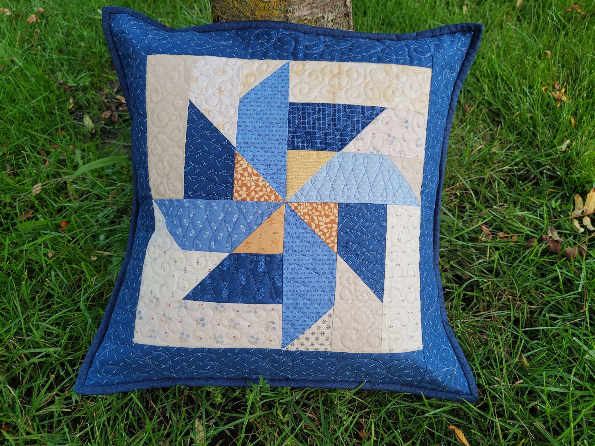 Blue Patchwork Pillow Quilt | Scrappy Pinwheel Sofa Throw Cushion