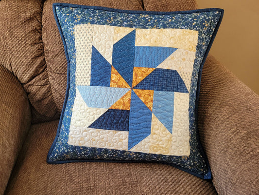 Blue Patchwork Pillow | Scrappy Pinwheel Quilted Sofa Throw Cushion