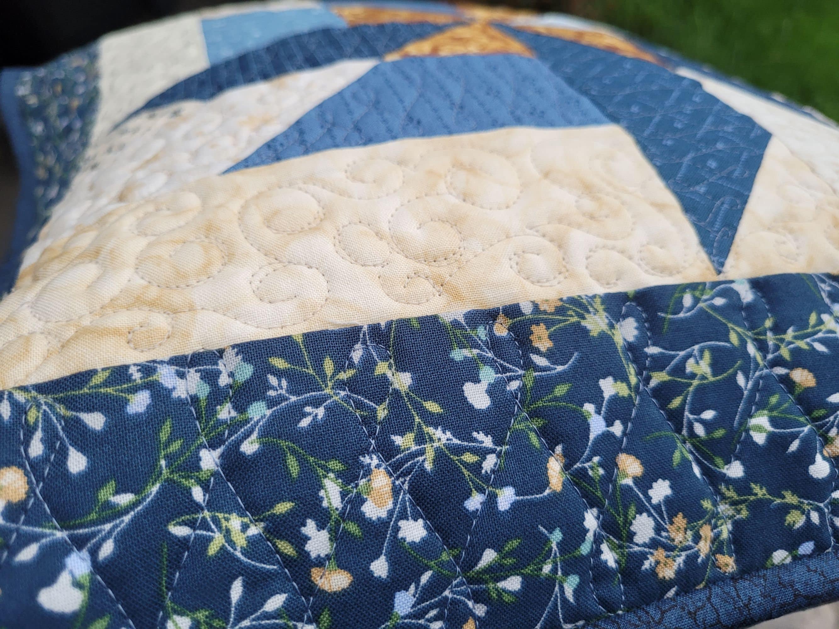 Blue Patchwork Pillow | Scrappy Pinwheel Quilted Sofa Throw Cushion