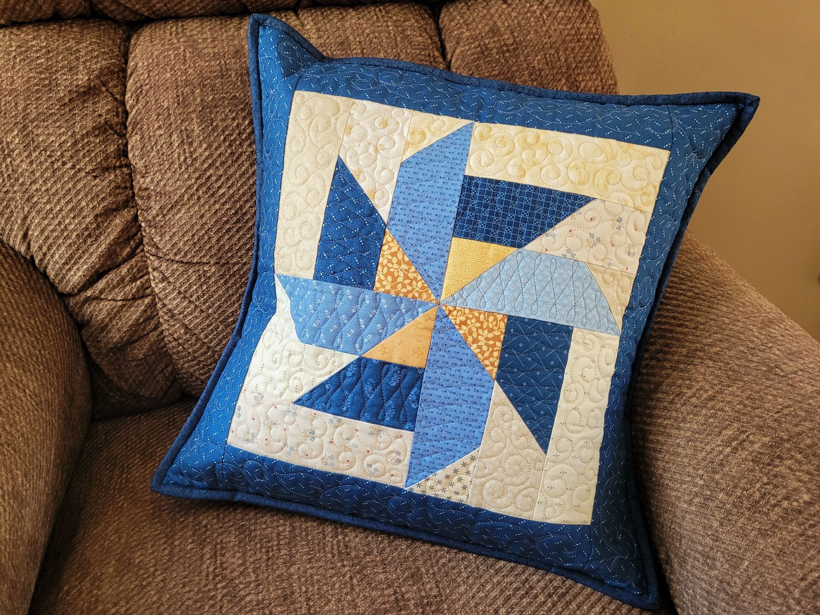 Blue Patchwork Pillow Quilt | Scrappy Pinwheel Sofa Throw Cushion