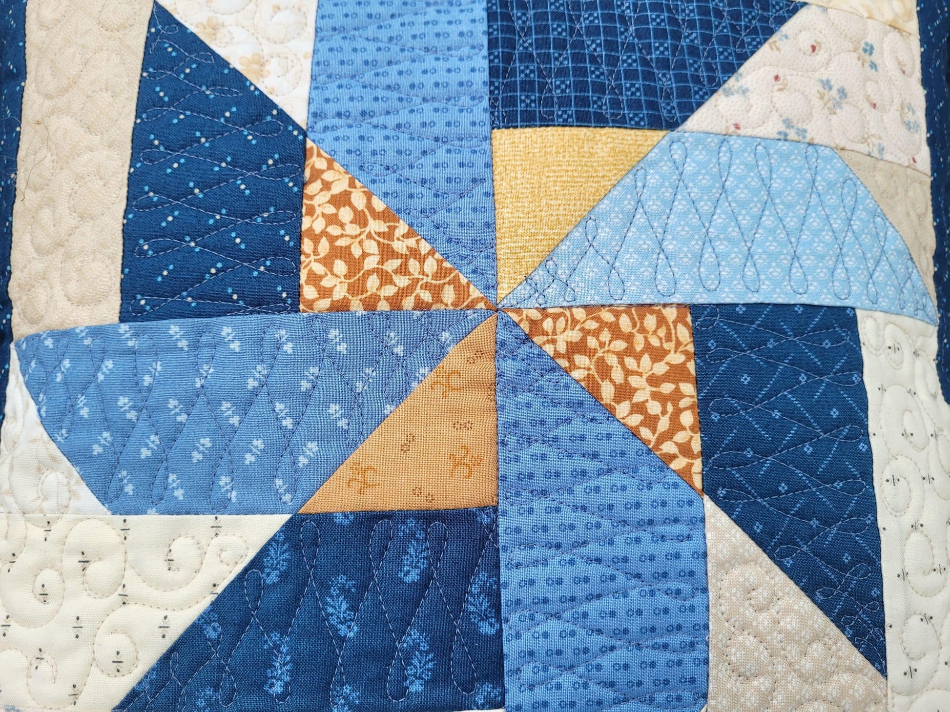 Blue Patchwork Pillow Quilt | Scrappy Pinwheel Sofa Throw Cushion