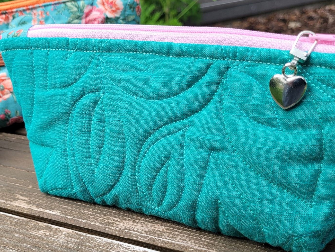 Quilted Zipper Pouch, teal floral