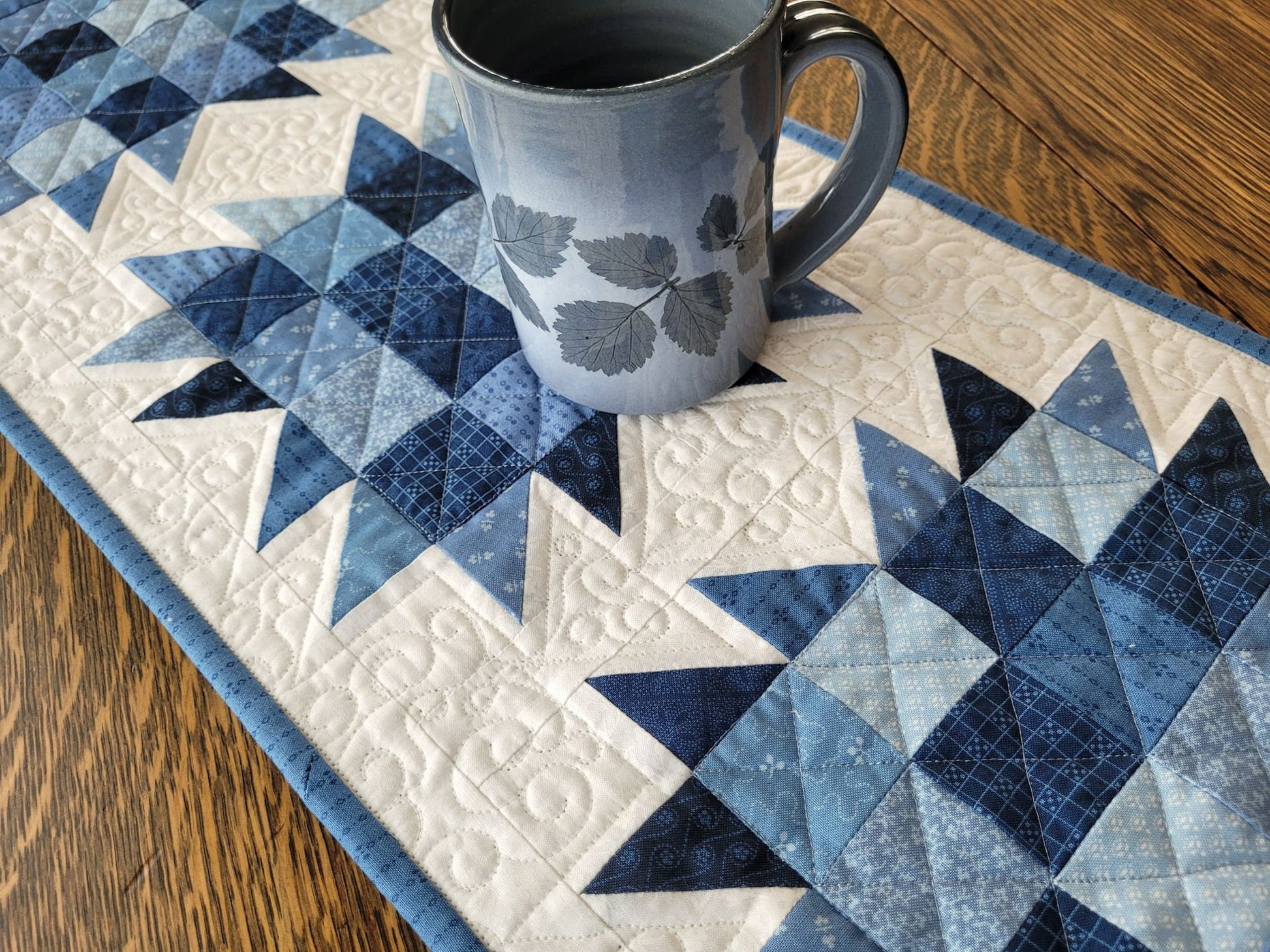 blue and white table runner