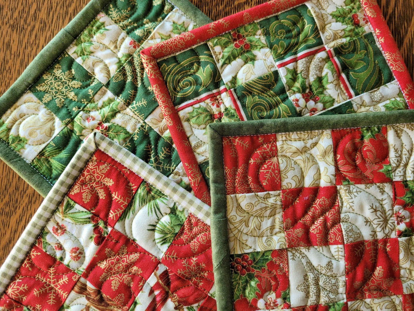 christmas fabric coasters with metallic accents