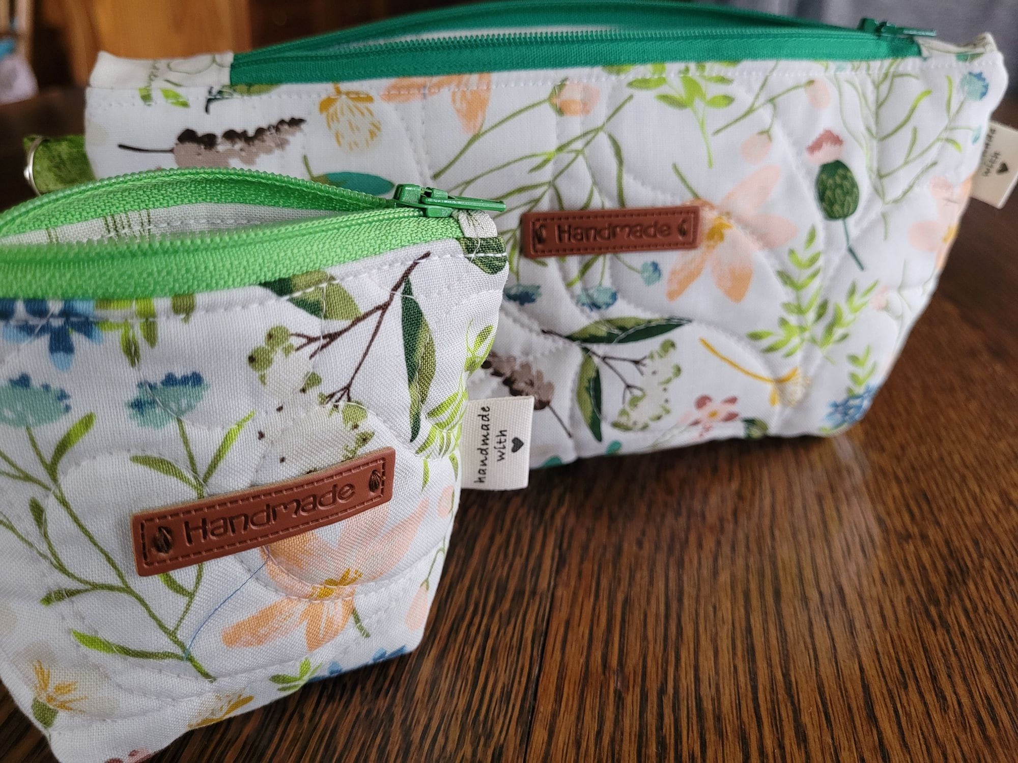 Quilted Cosmetic Bag Set | Cute Travel Toiletry Bag | Small Zipper Pouch | White Floral Stash Bag