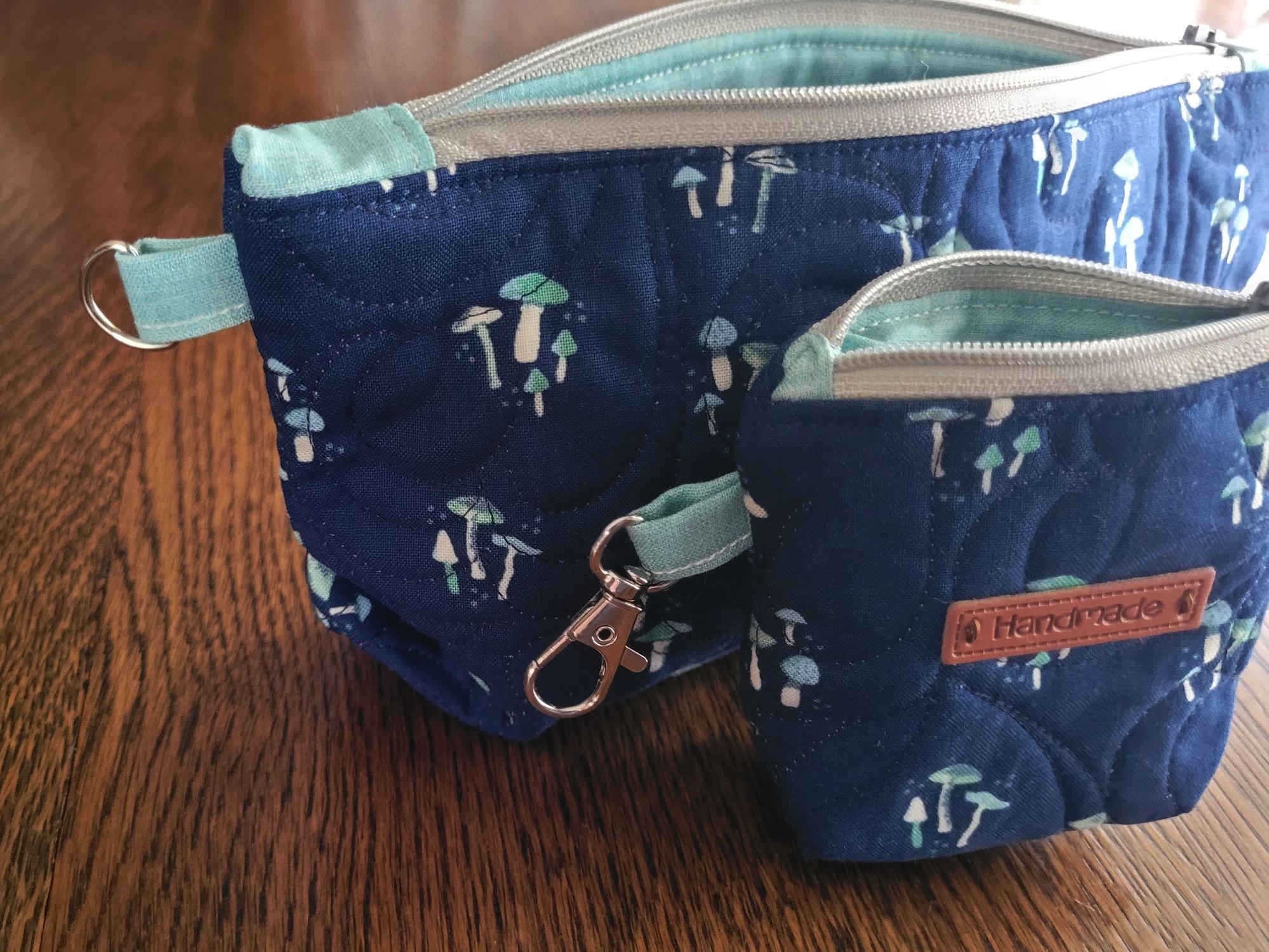 Quilted Cosmetic Bag Set | Cute Travel Toiletry Bag | Small Zipper Pouch | Navy Mushroom Stash Bag
