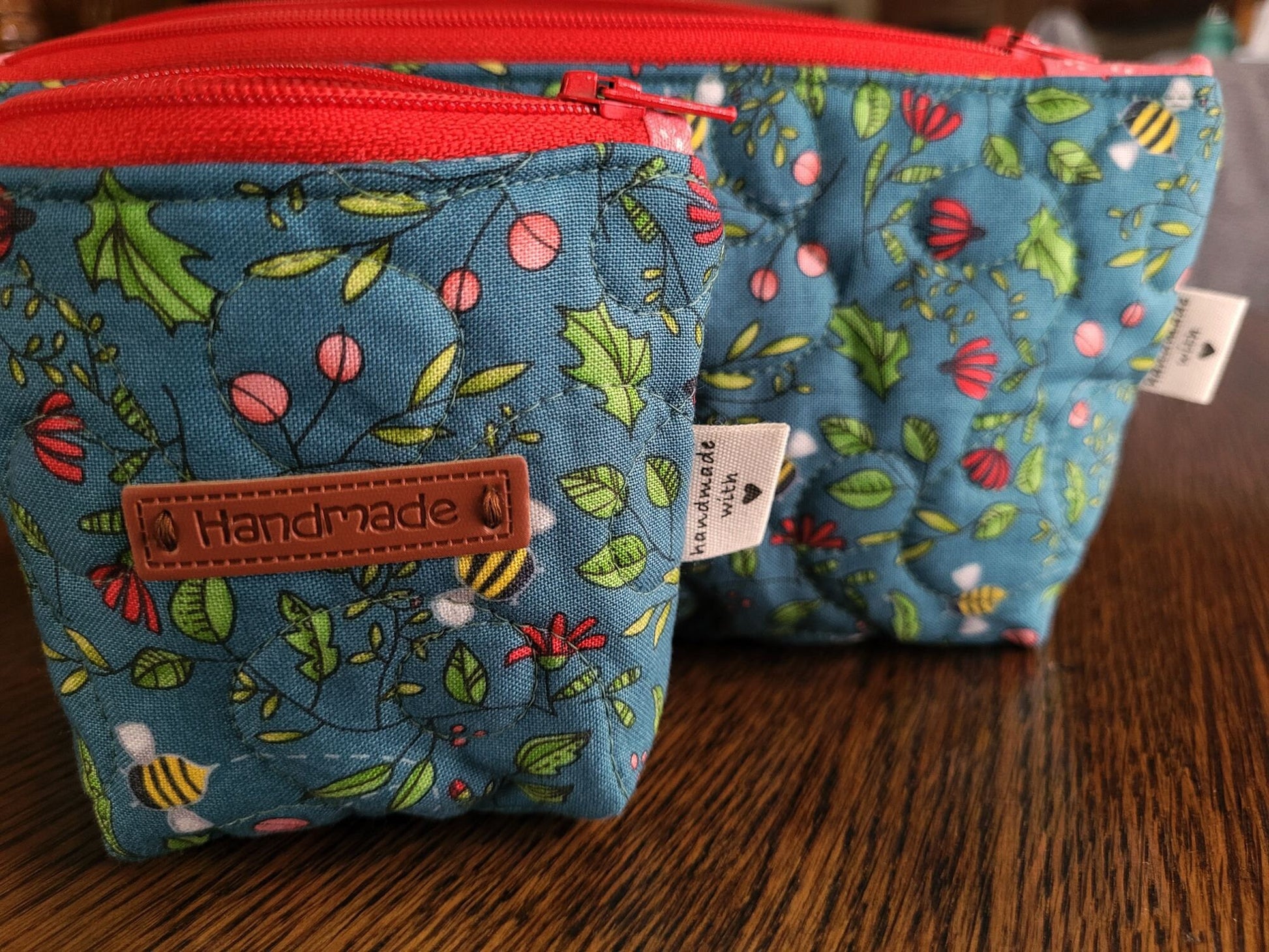 Quilted Cosmetic Bag Set | Novelty Boho Zipper Pouch | Small Teal Green Bee Stash Bag