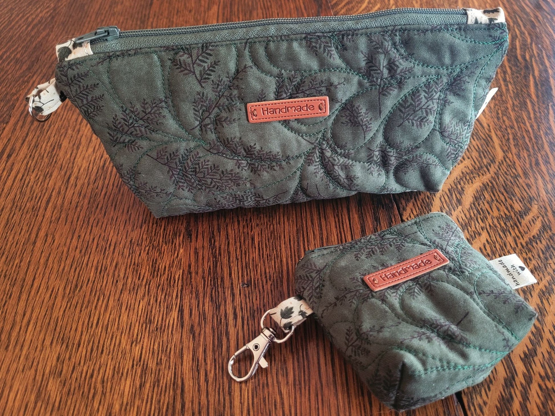 Quilted Cosmetic Bag Set | Forest Green Fern Zipper Pouches | Travel Toiletry Bag | Fabric Pencil Case