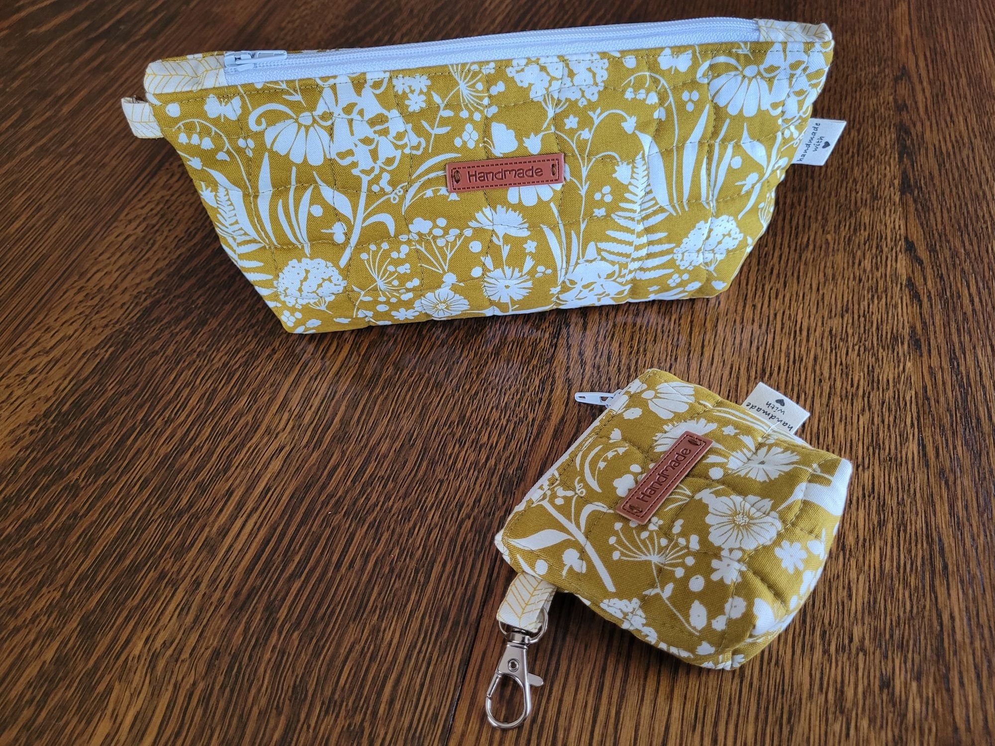 Small Zipper Pouch Set | Quilted Makeup Cosmetic Bag | Travel Toiletry Bag | Mustard Yellow Floral Stash Bag | Fabric Pencil Case