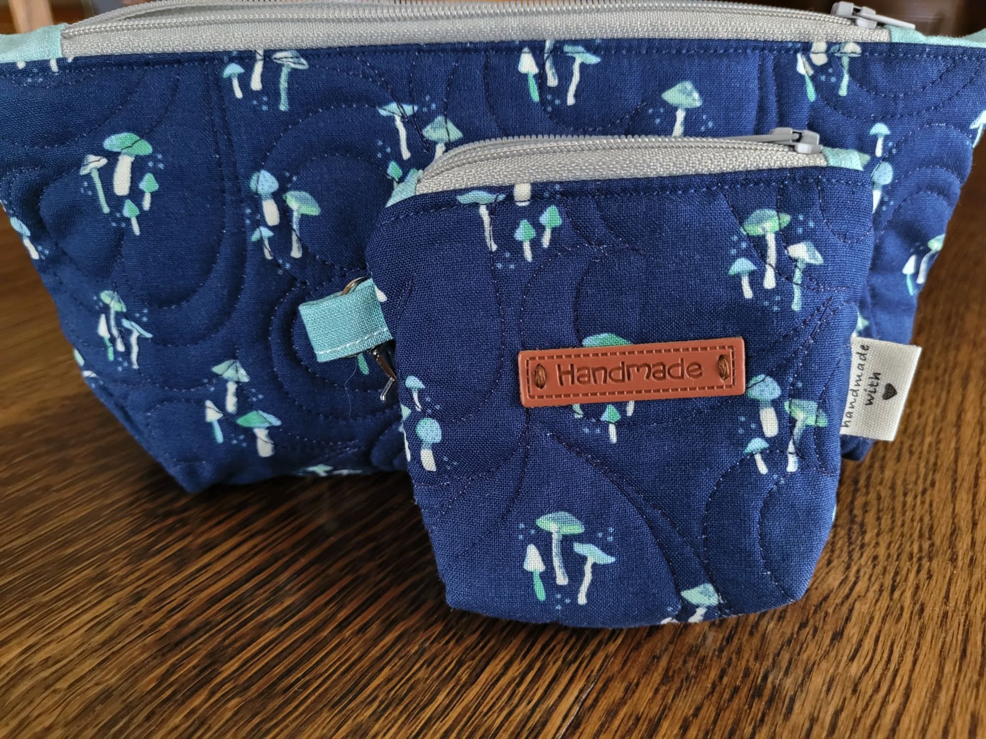 Quilted Cosmetic Bag Set | Cute Travel Toiletry Bag | Small Zipper Pouch | Navy Mushroom Stash Bag