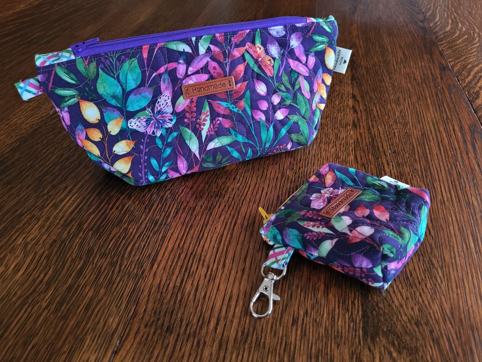 Quilted Cosmetic Bag Set | Cute Travel Toiletry Bag | Small Zipper Pouch | Purple Floral Stash Bag