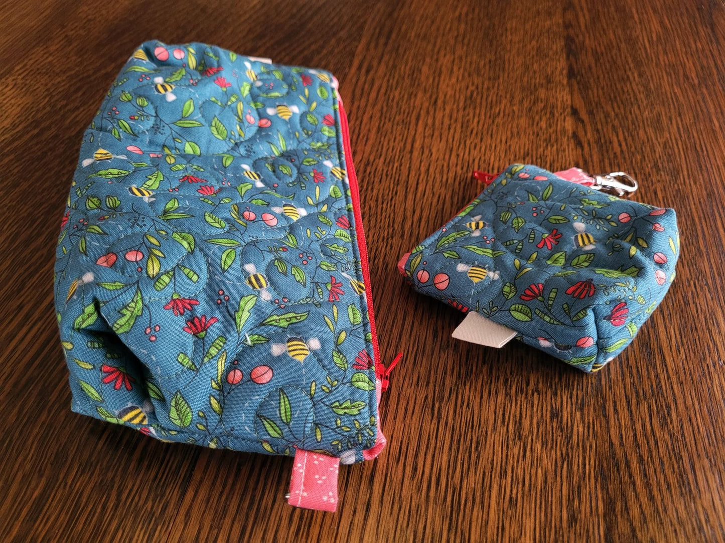 Quilted Cosmetic Bag Set | Novelty Boho Zipper Pouch | Small Teal Green Bee Stash Bag