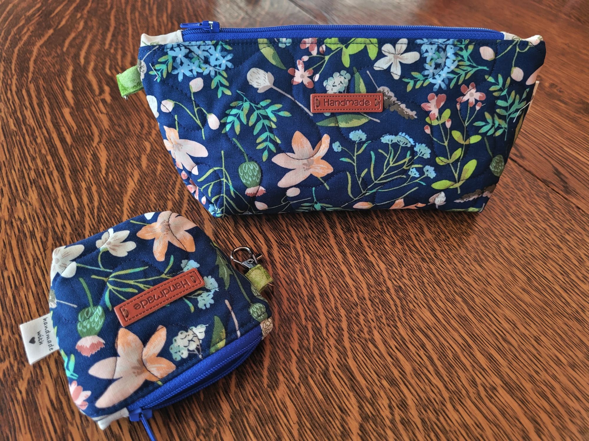 Small Zipper Pouch Set | Quilted Makeup Cosmetic Bag | Travel Toiletry Bag | Navy Floral Stash Bag | Fabric Pencil Case