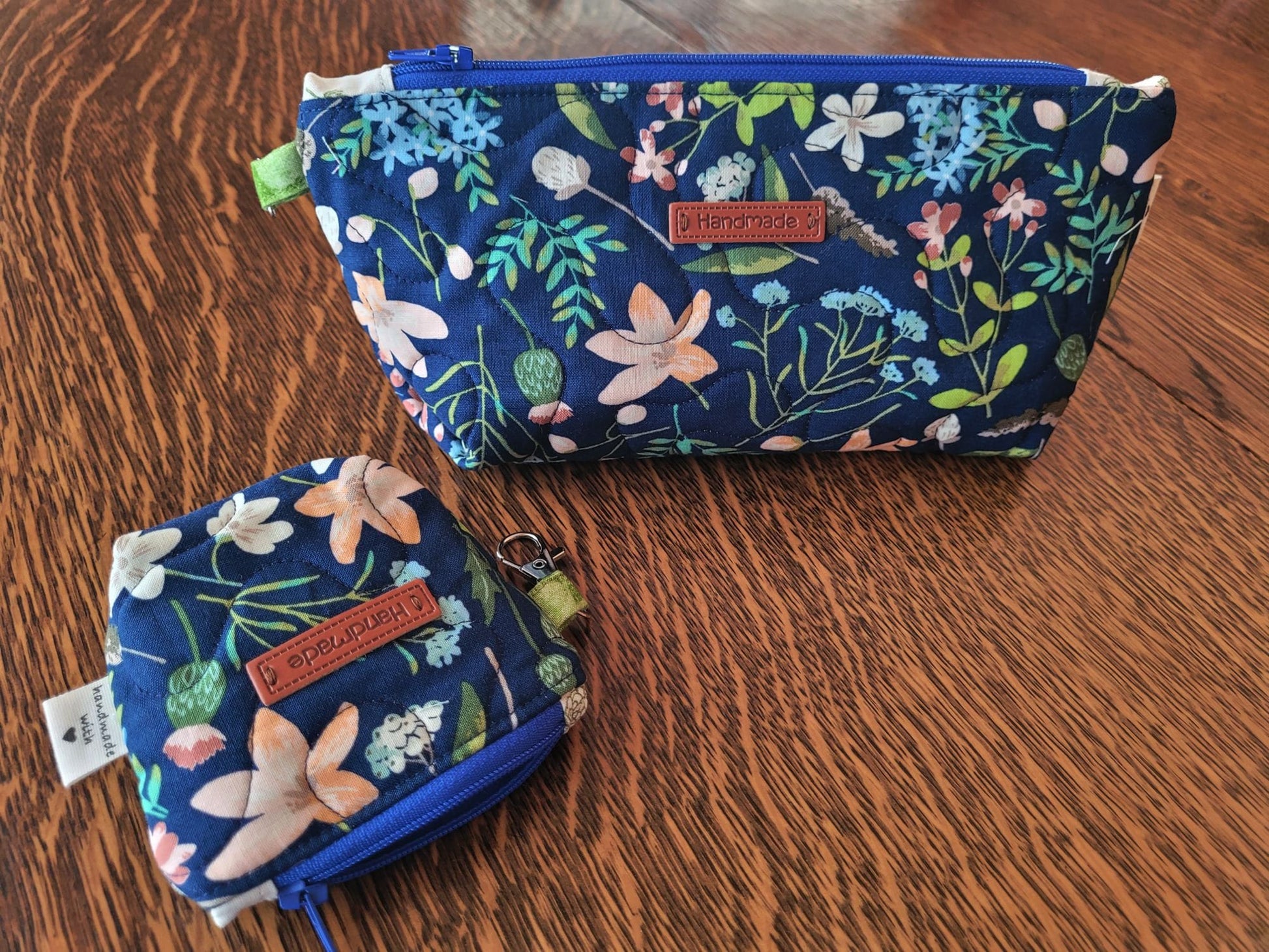 Small Zipper Pouch Set | Quilted Makeup Cosmetic Bag | Travel Toiletry Bag | Navy Floral Stash Bag | Fabric Pencil Case