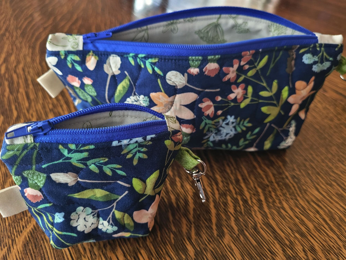 Small Zipper Pouch Set | Quilted Makeup Cosmetic Bag | Travel Toiletry Bag | Navy Floral Stash Bag | Fabric Pencil Case