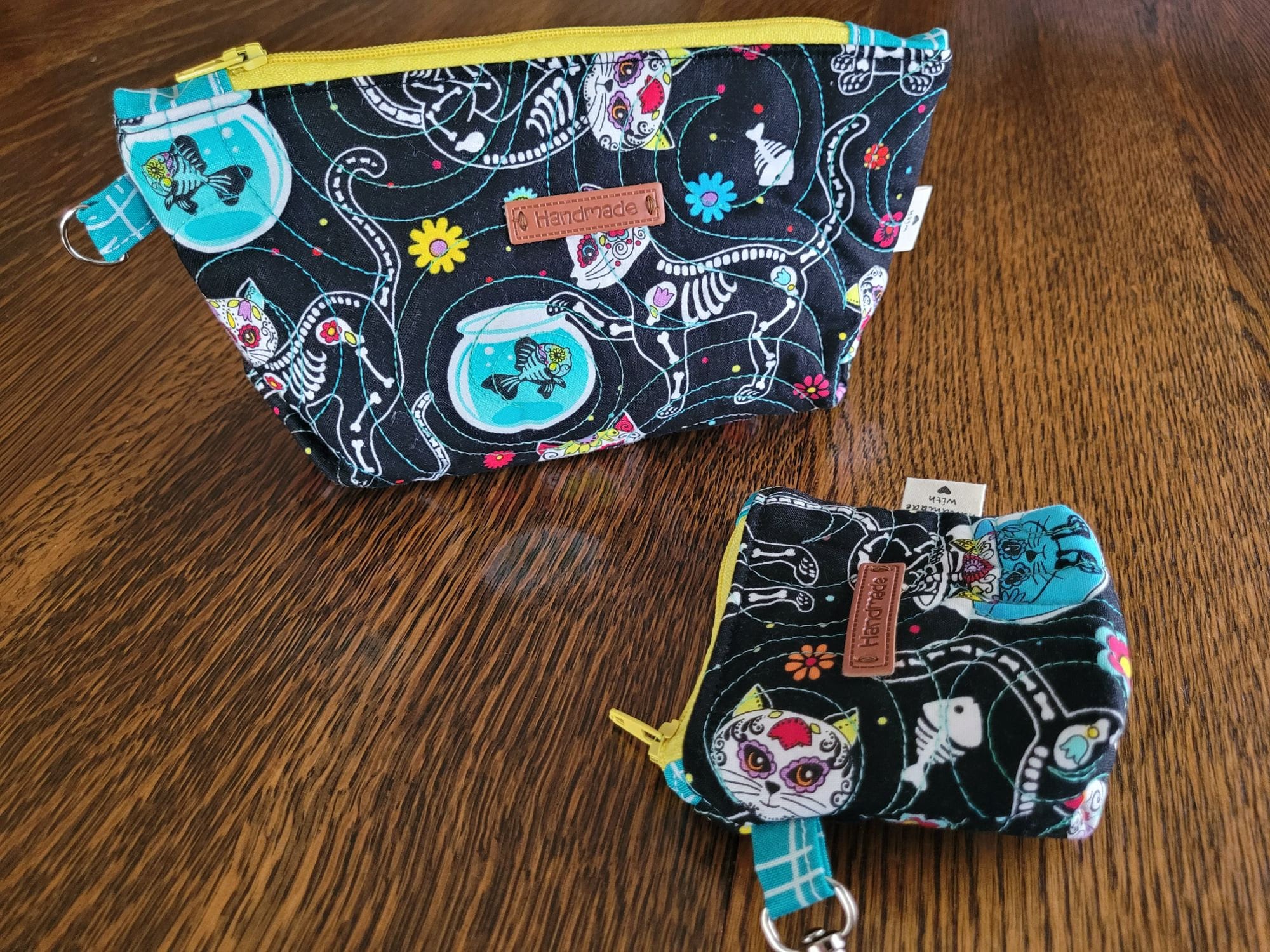 Sugar Skull Cat Zipper Pouch Set | Quilted Makeup Cosmetic Bag | Travel Toiletry Bag | Stash Bag | Small Fabric Pencil Case