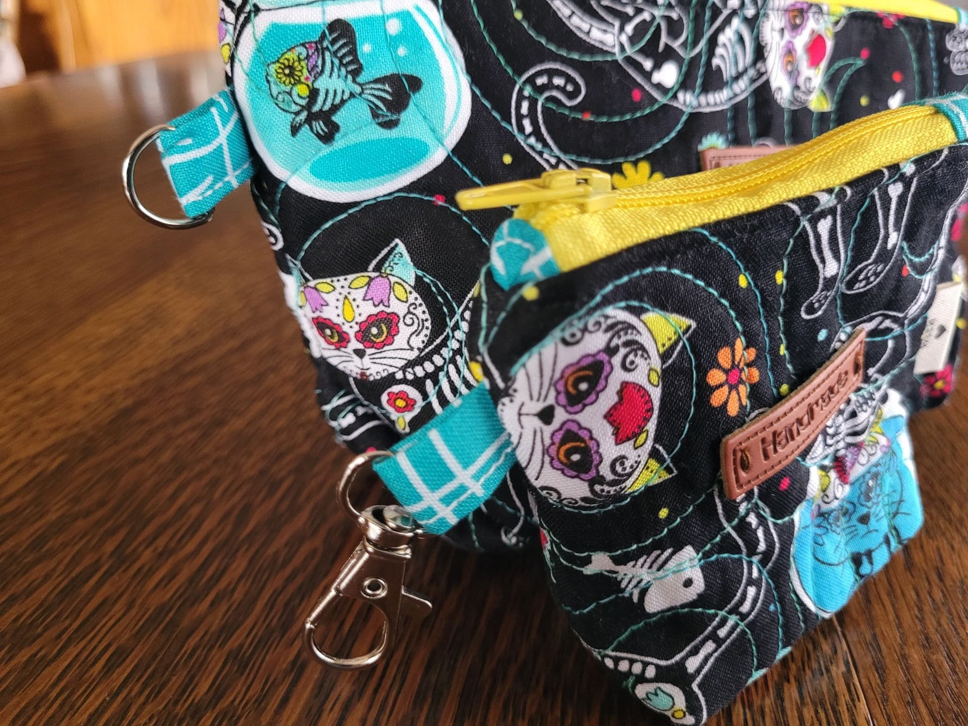 Sugar Skull Cat Zipper Pouch Set | Quilted Makeup Cosmetic Bag | Travel Toiletry Bag | Stash Bag | Small Fabric Pencil Case