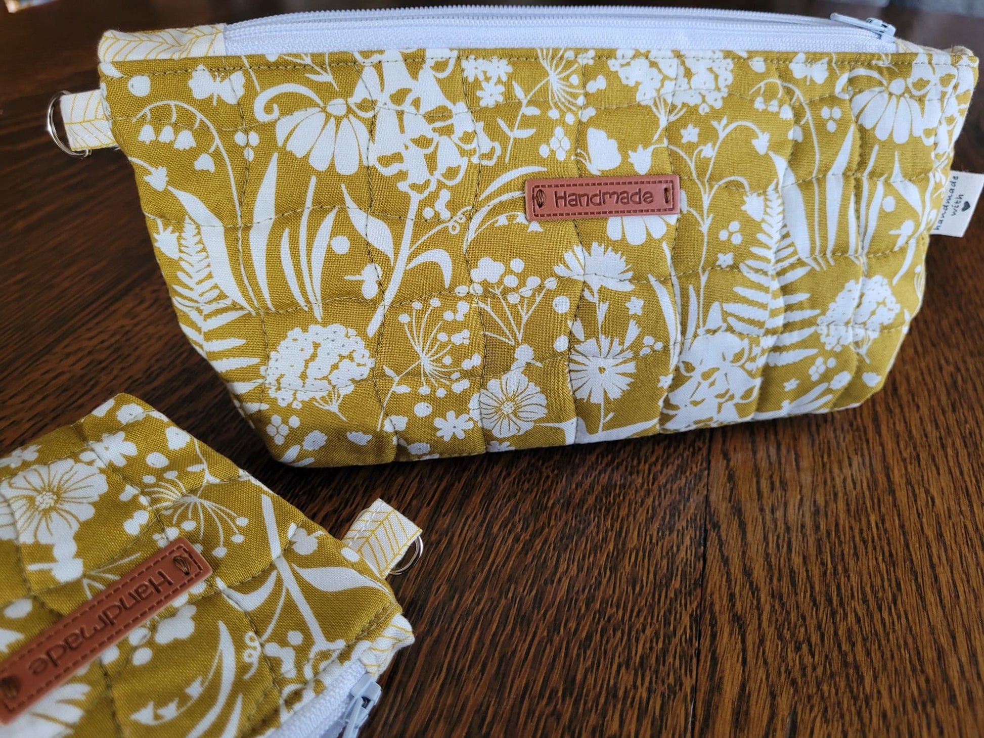Small Zipper Pouch Set | Quilted Makeup Cosmetic Bag | Travel Toiletry Bag | Mustard Yellow Floral Stash Bag | Fabric Pencil Case