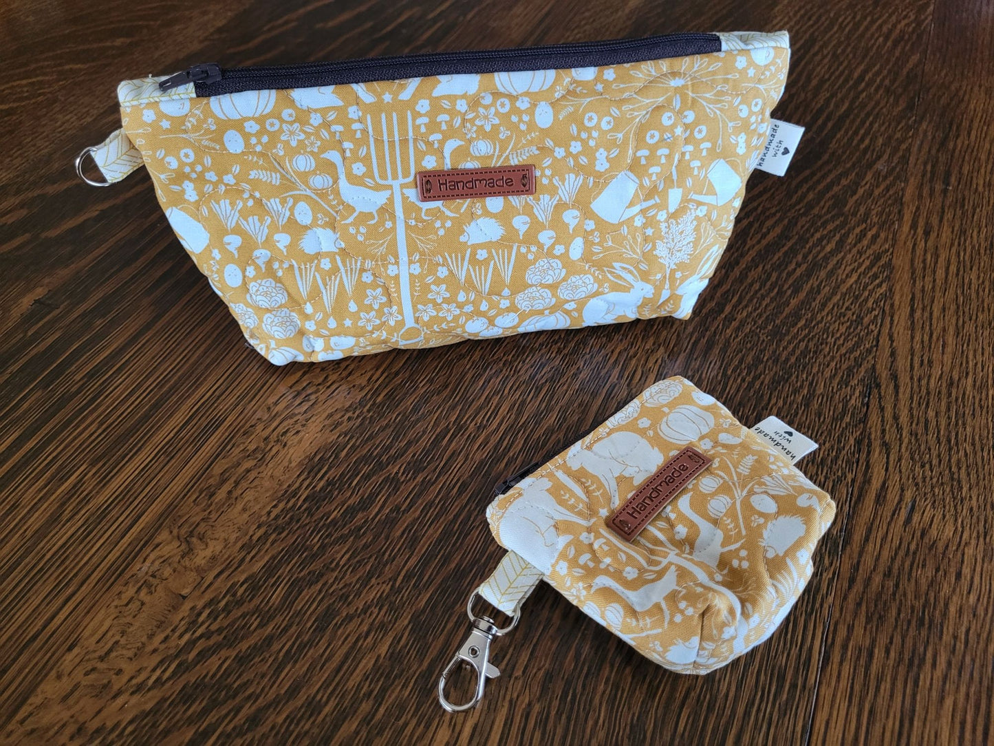 Small Zipper Pouch Set | Quilted Makeup Cosmetic Bag | Travel Toiletry Bag | Yellow Farm Theme Fabric Pencil Case