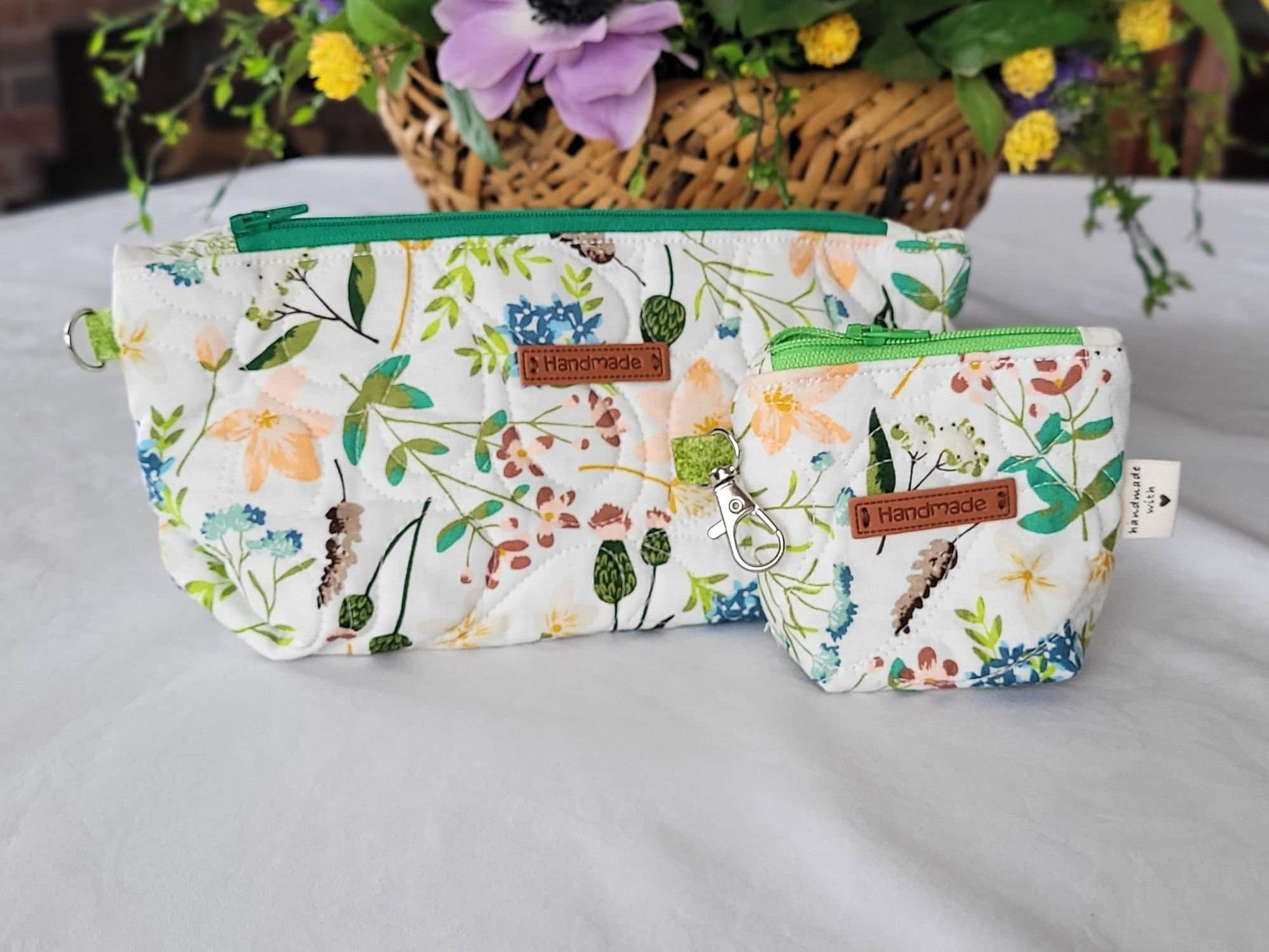 Quilted Cosmetic Bag Set | Cute Travel Toiletry Bag | Small Zipper Pouch | White Floral Stash Bag