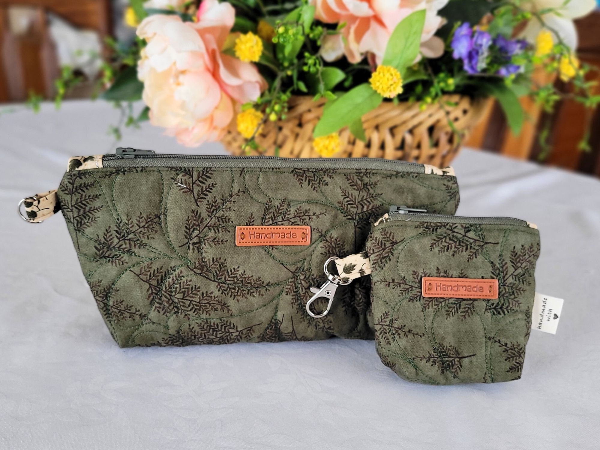 forest green quilted zipper pouch set