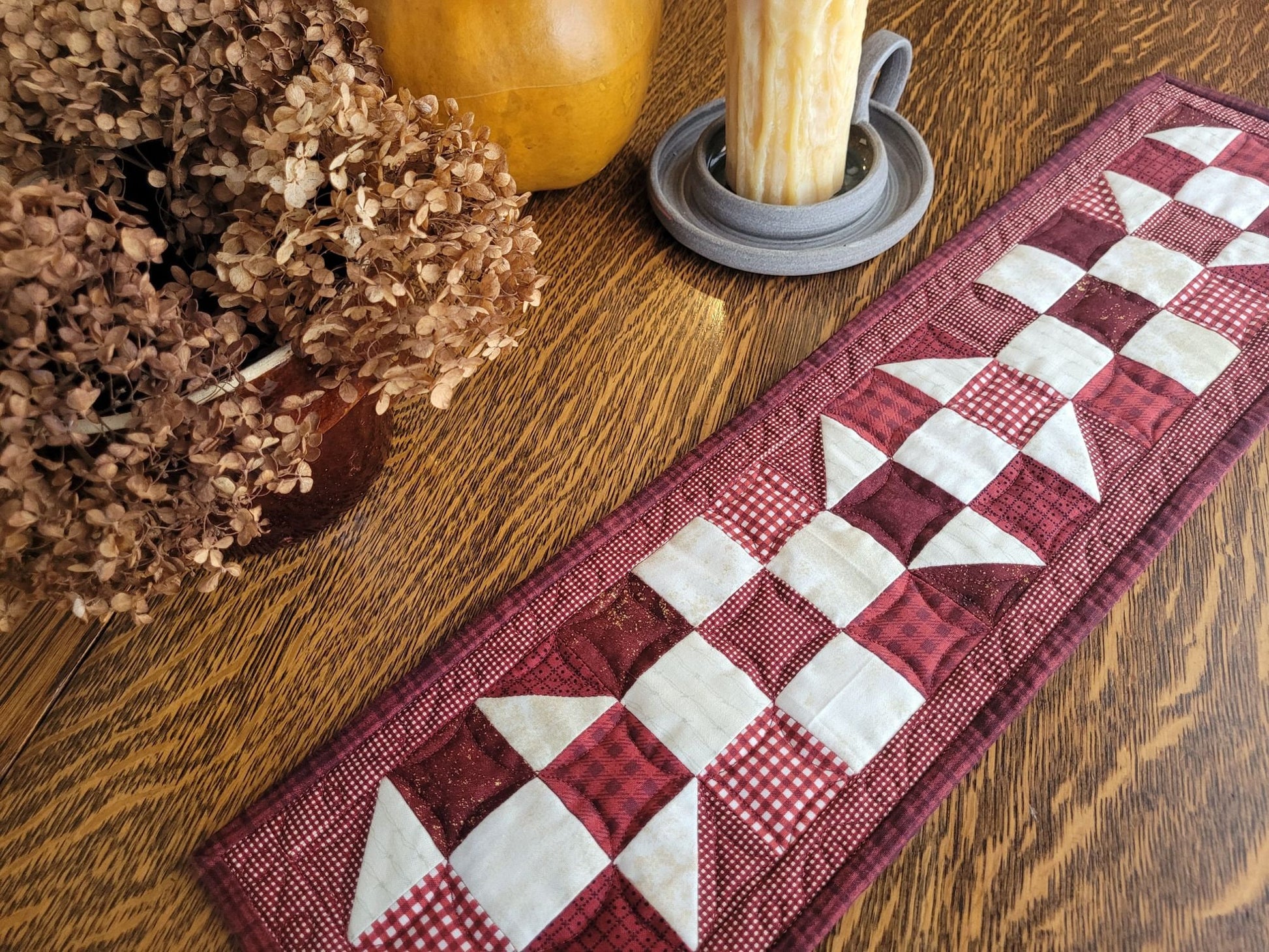 skinny scrap quilt in red and white patchwork