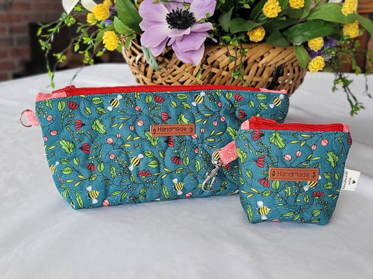 teal floral bee theme quilted toiletry bag set