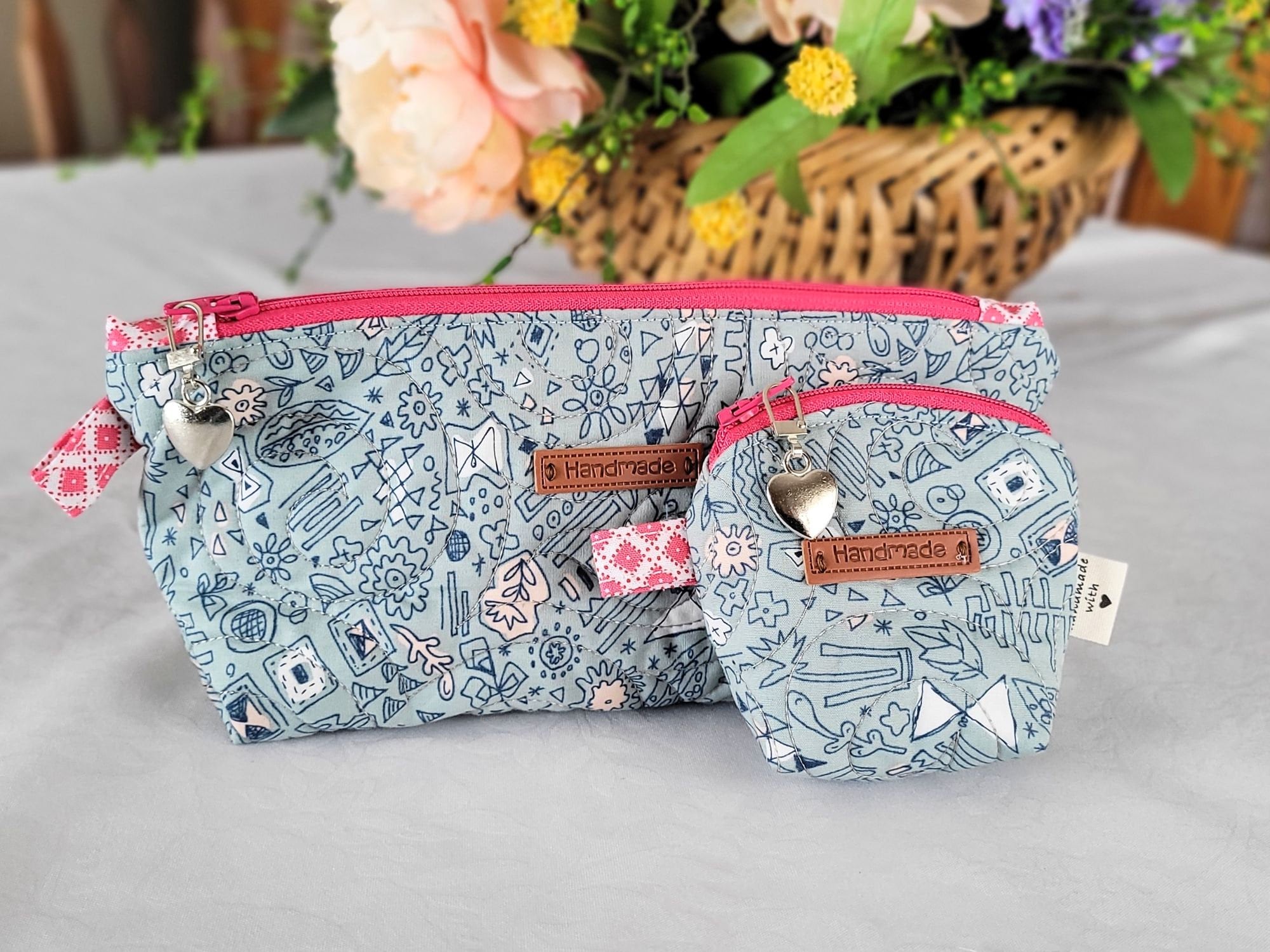 quilted bag set for make up and travel toiletries in modern doodle theme fabric
