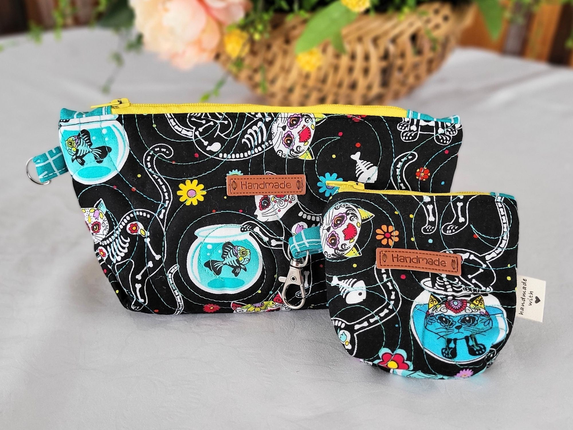 quilted bag with sugar skull cats